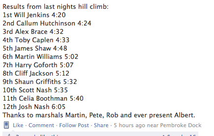 Results of Hill climb